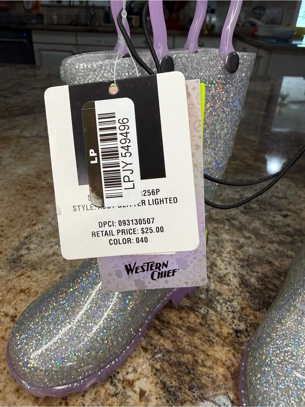 Western Chief Kids Glitter Silver Rain Boots w/ Lavender Handles